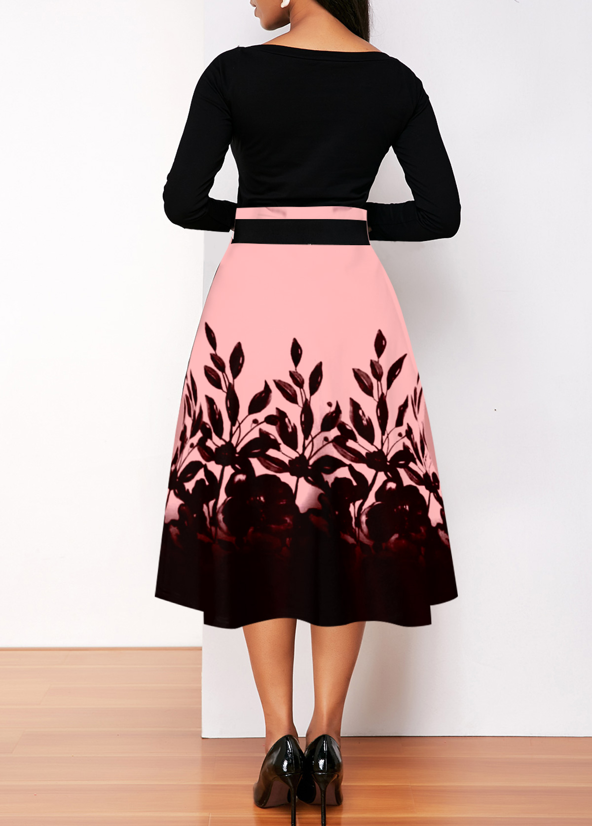 Floral Print Button Pink Boat Neck Dress