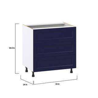 J COLLECTION 33 in. W x 24 in. D x 34.5 in. H Devon Painted Blue Shaker Assembled Base Kitchen Cabinet with 3 Even Drawers DSB3DA33-DV