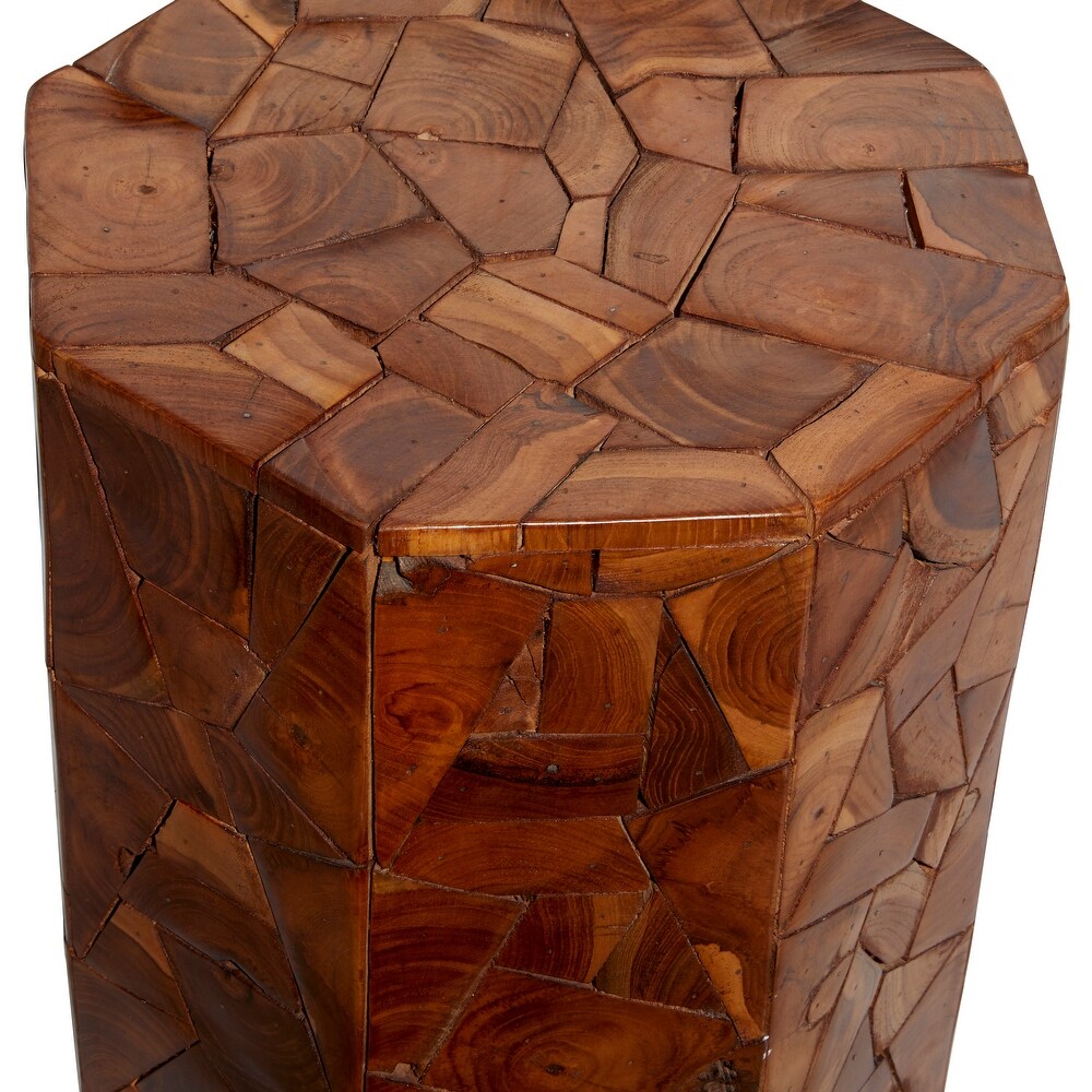 Brown Teak Wood Handmade Accent Table with Mosaic Wood Chip Design