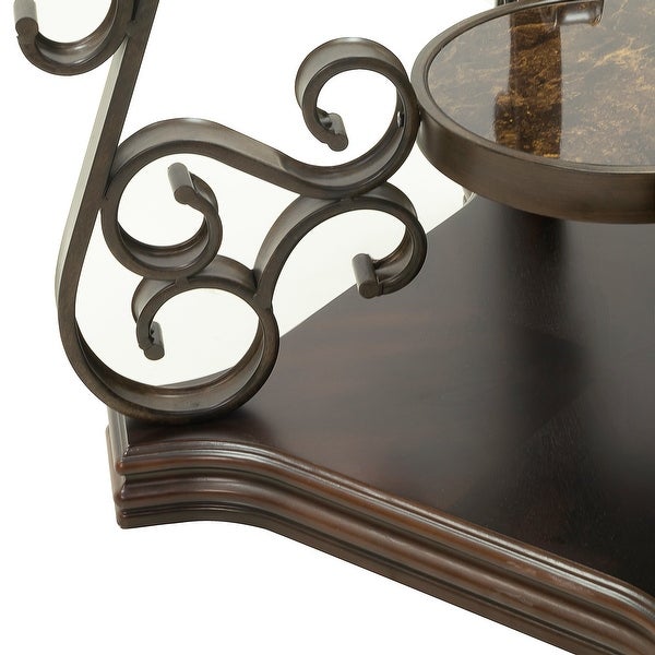 End Table with Glass Top and Scroll Accent， Brown