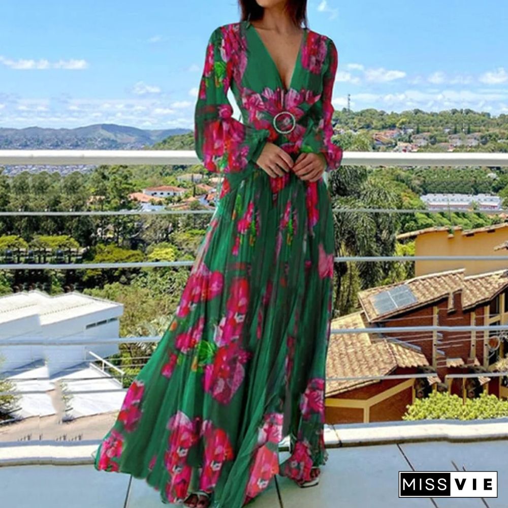 Sexy V-neck Split Boho Holiday Long Dress Spring Autumn Casual Long Sleeve Pleated Dress Elegant Vintage Printed Chiffon Dresses