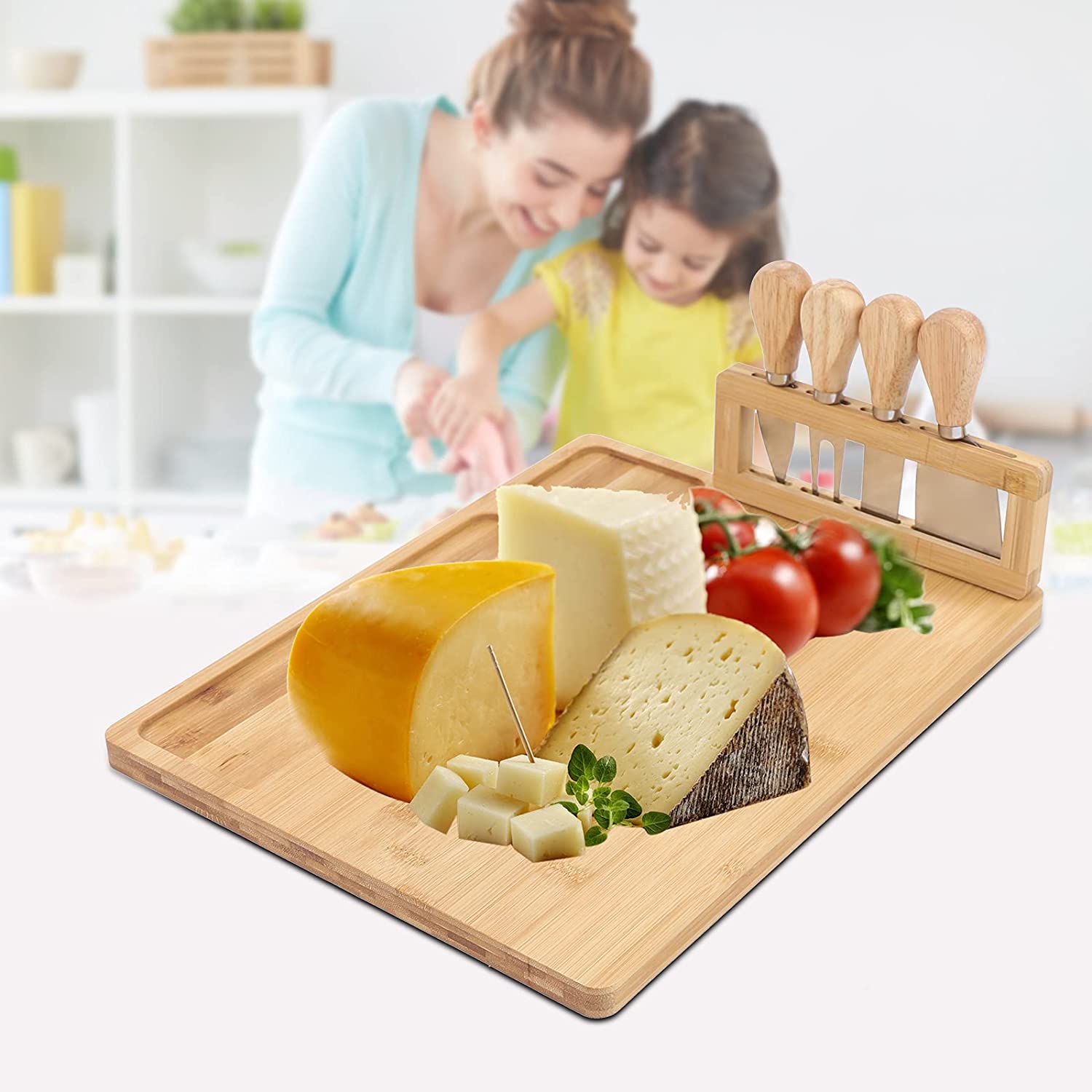 Fetcoi， Cheese Board and Knife Set Charcuterie Platter Cheese Knife Set Wooden Serving Plate