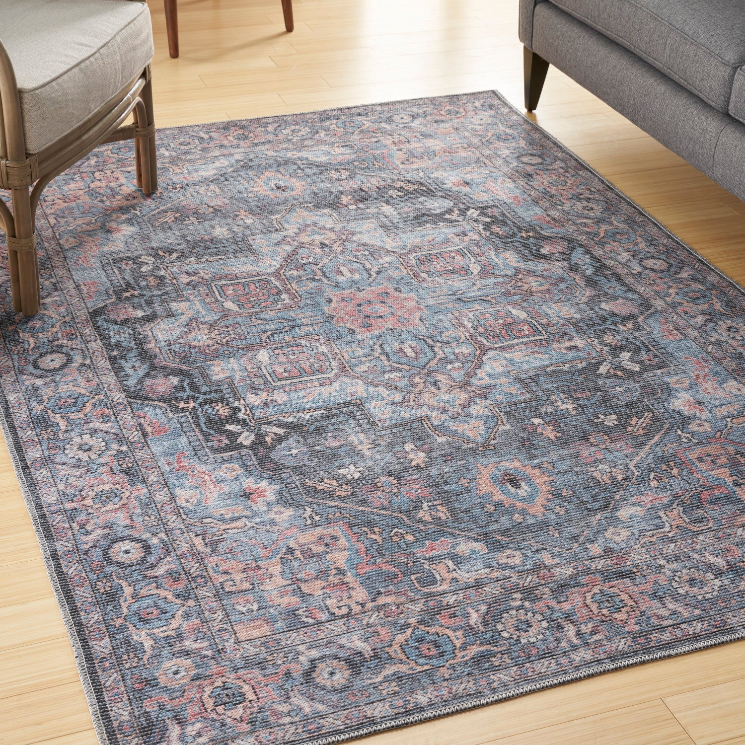 Machine Washable Series Light Blue Multi Vintage Rug