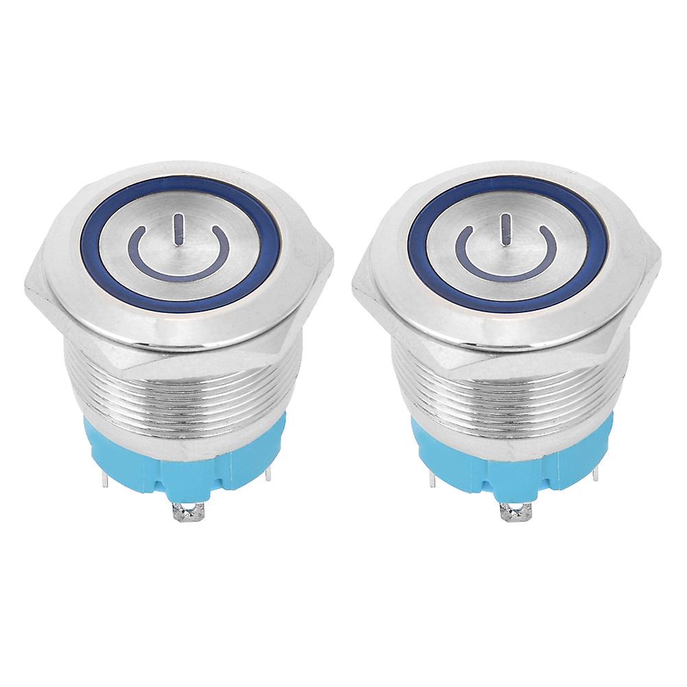 2pcs 22mm Metal Push Button Switch Flat Head Momentary 4 Pin With Power Light Sign Ip65 12-24vdcblue