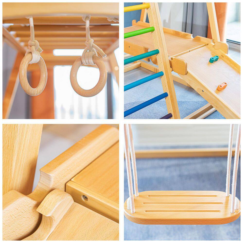 TIRAMISUBEST Solid Wood 7-in-1 Indoor Climber with Slide and Swing for Kids from 18 months to 10 years old W679XYS00027