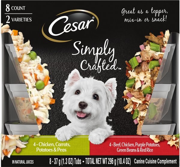 Cesar Simply Crafted Variety Pack Chicken， Carrots， Potatoes and Peas， and Beef， Chicken， Purple Potatoes， Green Beans and Red Rice Wet Dog Food Topper