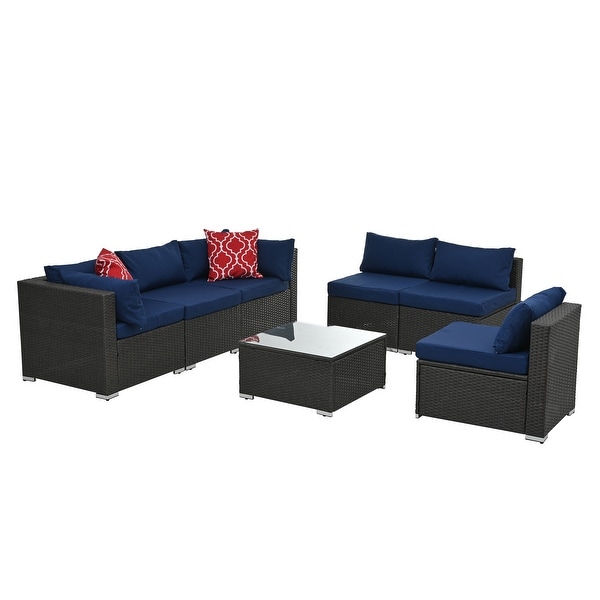 7Pcs Outdoor Sectional Furniture Set，AllWeather PE Rattan Sectional Sofa Conversation Set w/ Coffee Table and Washable Cushions