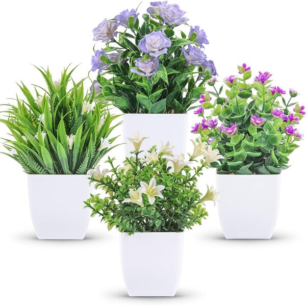 4 Packs Small Fake Plants Mini Artificial Faux Plants with Flowers