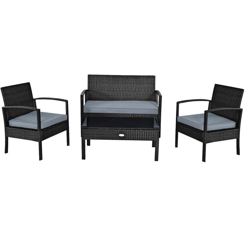 4 Pcs Wicker Patio Conversation Furniture Set Outdoor Rattan Sofa Set with Coffee Table & Washable Cushions