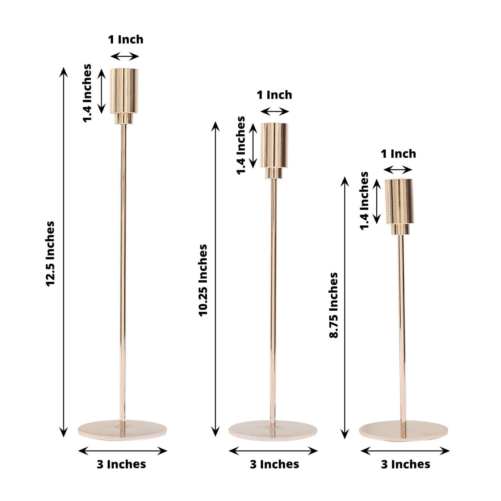 Set of 3 Gold Metal Taper Candle Stands With Round Solid Base, Decorative Candlestick Holder Set 9