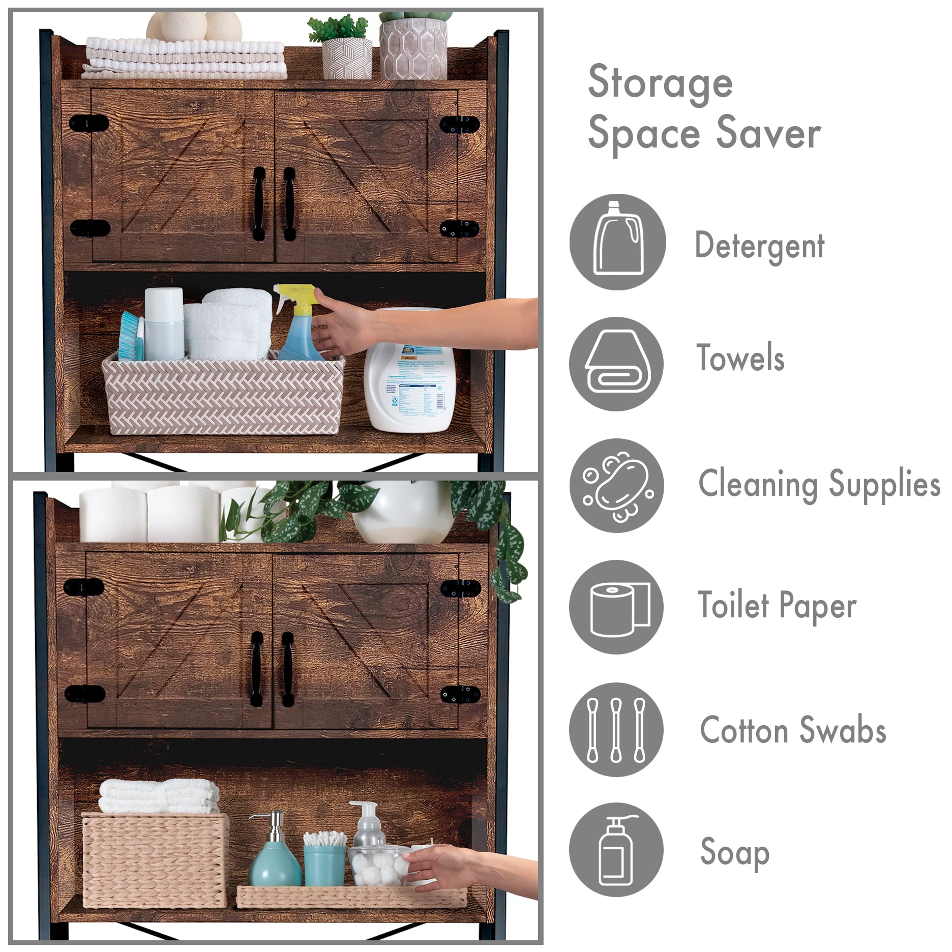 Stephan Roberts Over The Washer or Over The Toilet Storage Cabinet w/ Height Adjustable Shelf, Laundry Room & Bathroom Organizer Rack, 2-Door Freestanding Deluxe Space Saver,  Wood