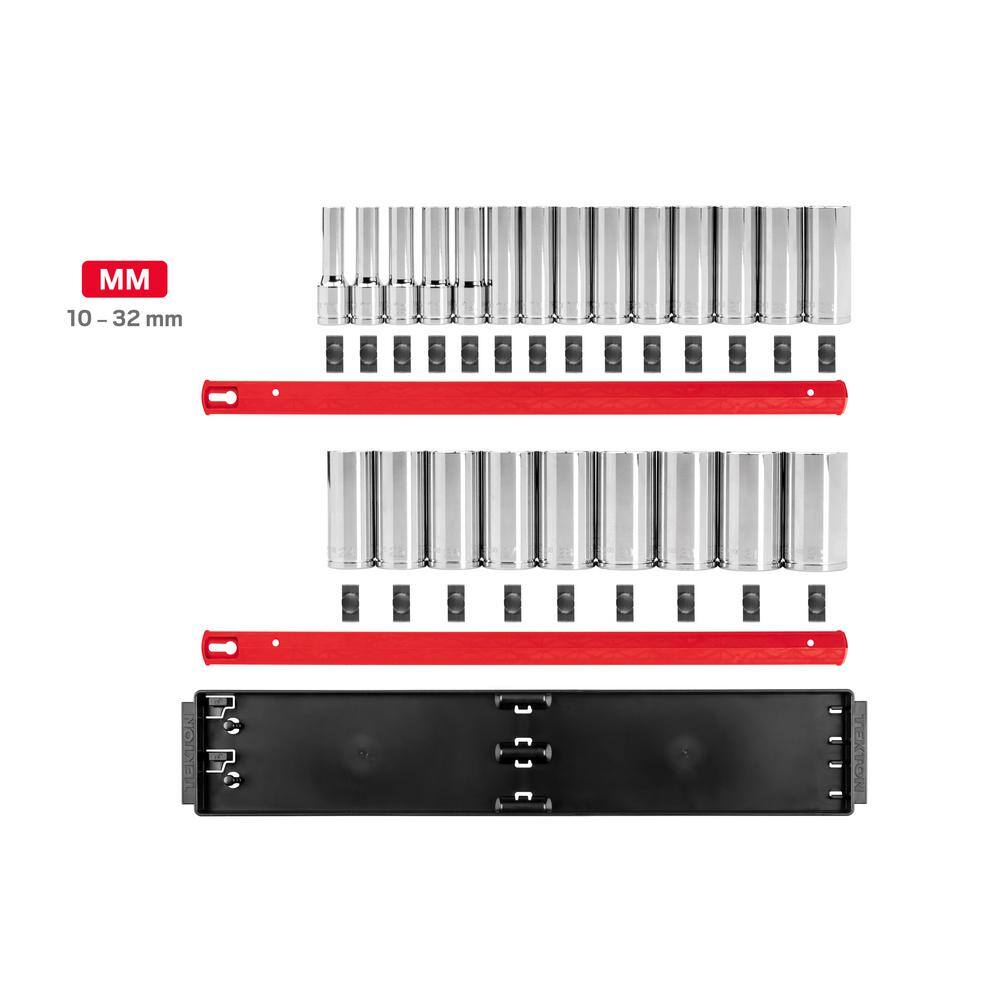 TEKTON 12 in. Drive Deep 12-Point Socket Set with Rails (10 mm-32 mm) (23-Piece) SHD92121