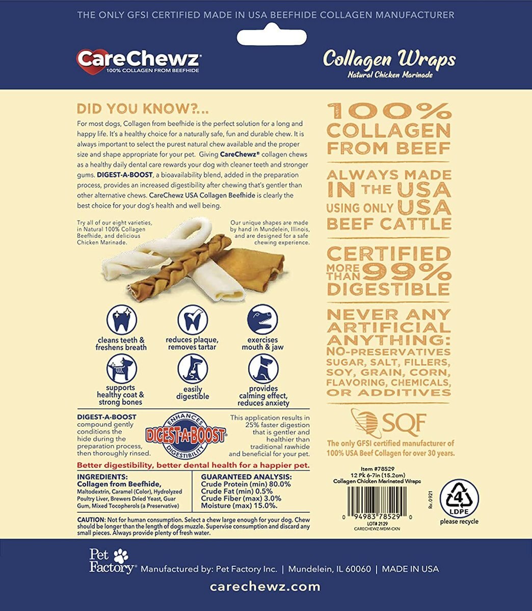 Pet Factory CareChewz 6 to 7-inch Collagen Wrap Chicken Flavored Dog Hard Chews， 12 count