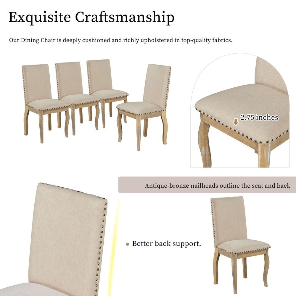 Natural Wood Wash Wood Upholstered Fabirc Dining Room Chairs With Nailhead