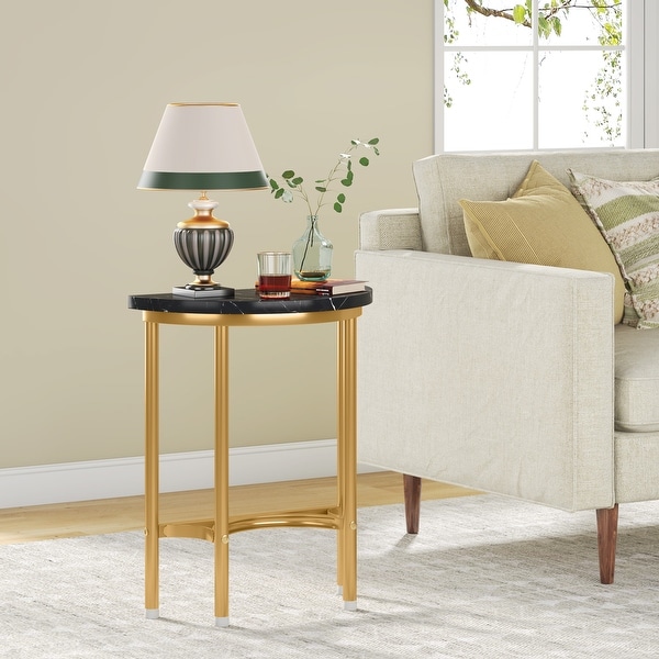 Faux Marble End Table Semi Circle， 20'' Small Half Round Side Tables with Base Metal Legs