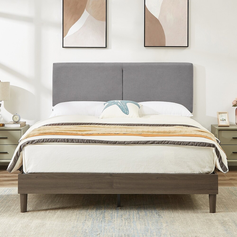 Javlergo Upholstered Bed Frame with Linen Fabric Adjustable Headboard  Strong Wood Slats Supports  No Box Spring Needed