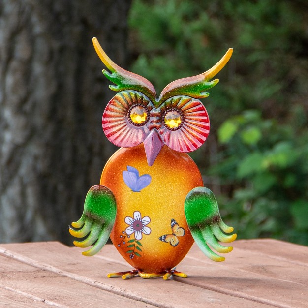 Orange And Green Metal Owl Outdoor Decoration