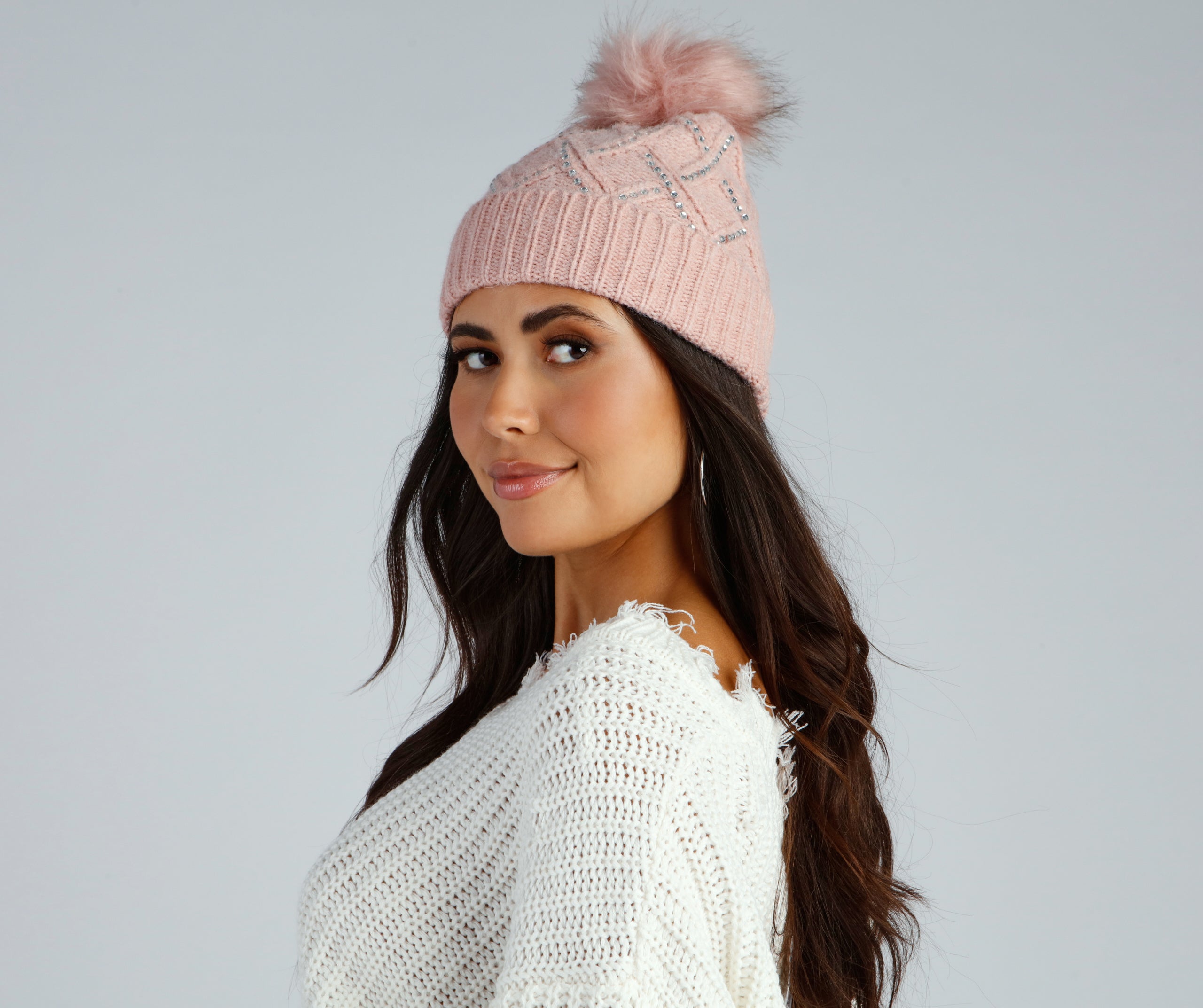 Glam Touch Rhinestone Pom Beanie