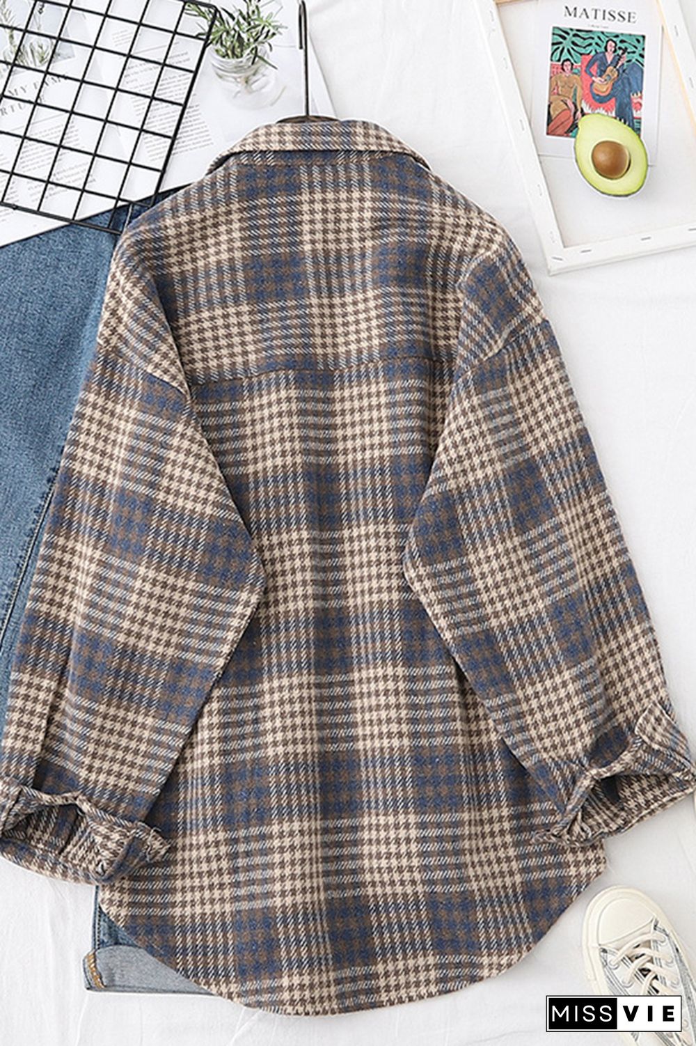 Plaid Button Down Pocketed Shacket Shirts Women Wholesale