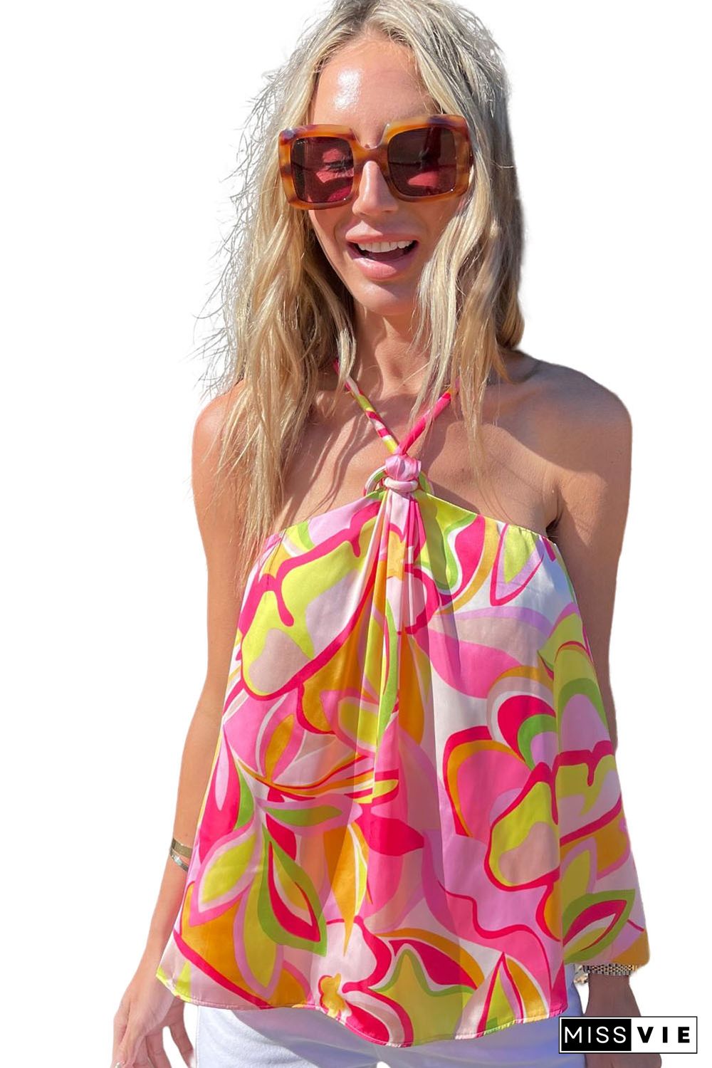 Pink Abstract Floral Print Knotted Halter Tank Top