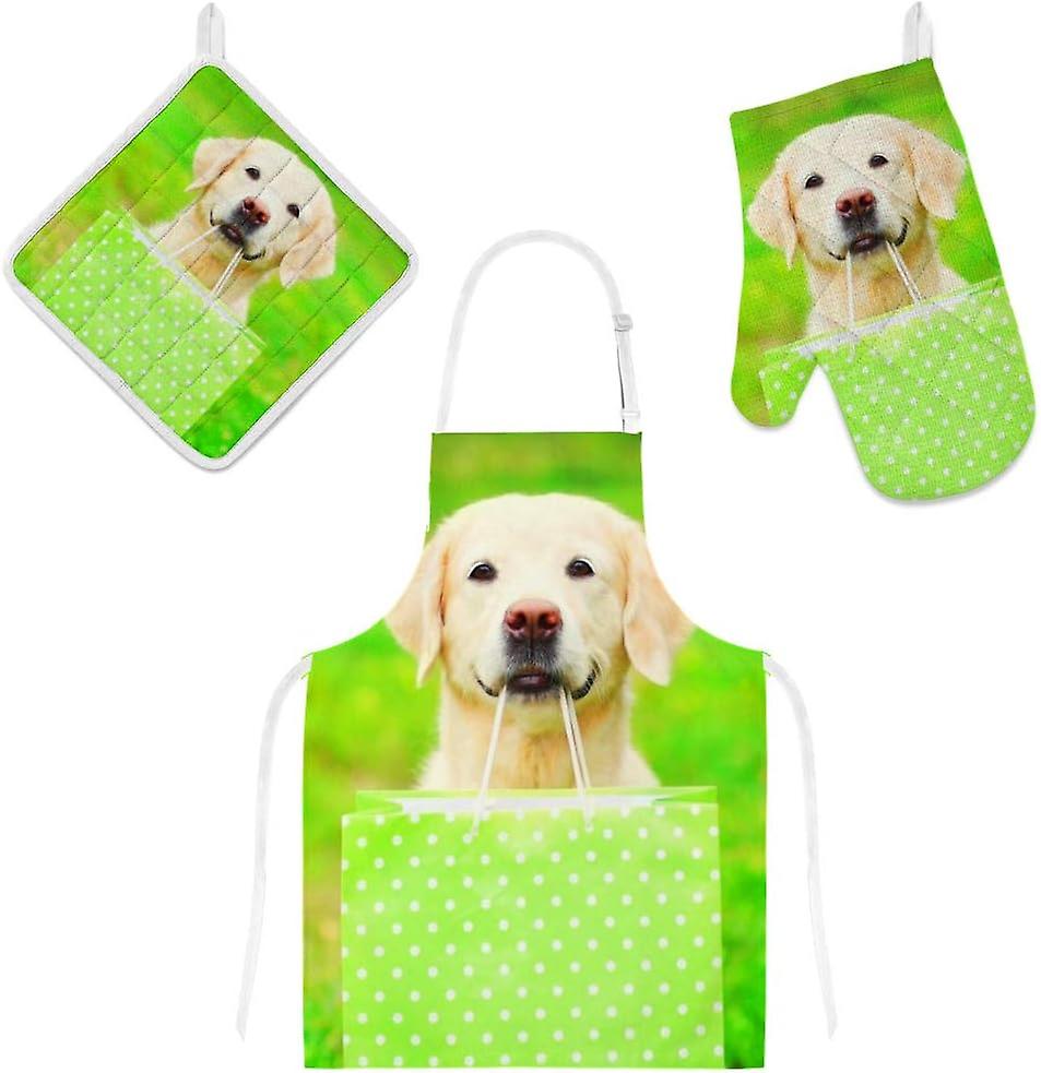 Insulation Kitchen Oven Mitts Potholder Apron 3pcs Set Pretty Golden Retriever Dog Non Slip Heat Resistant Gloves For Baking Cooking Bbq