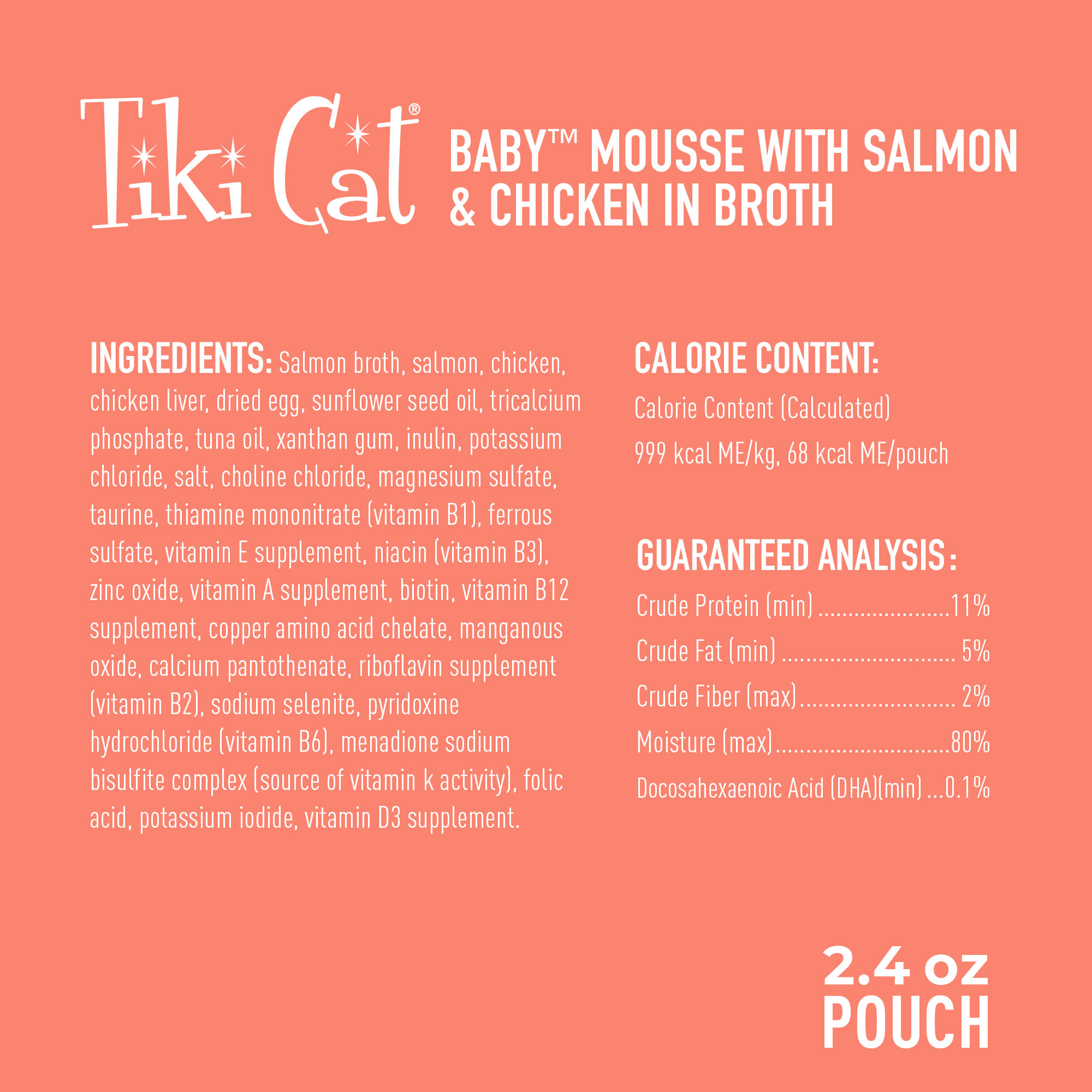 Tiki Cat Velvet Mousse Kitten Salmon Wet Food， 2.4 oz.， Case of 12