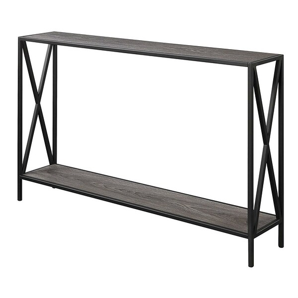 Weathered Grey Wood Console Sofa Table with Bottom Shelf and Metal Frame - 47.2