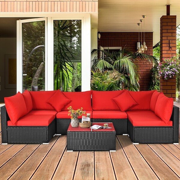 Gymax 7PCS Rattan Patio Conversation Set Sectional Furniture Set w/