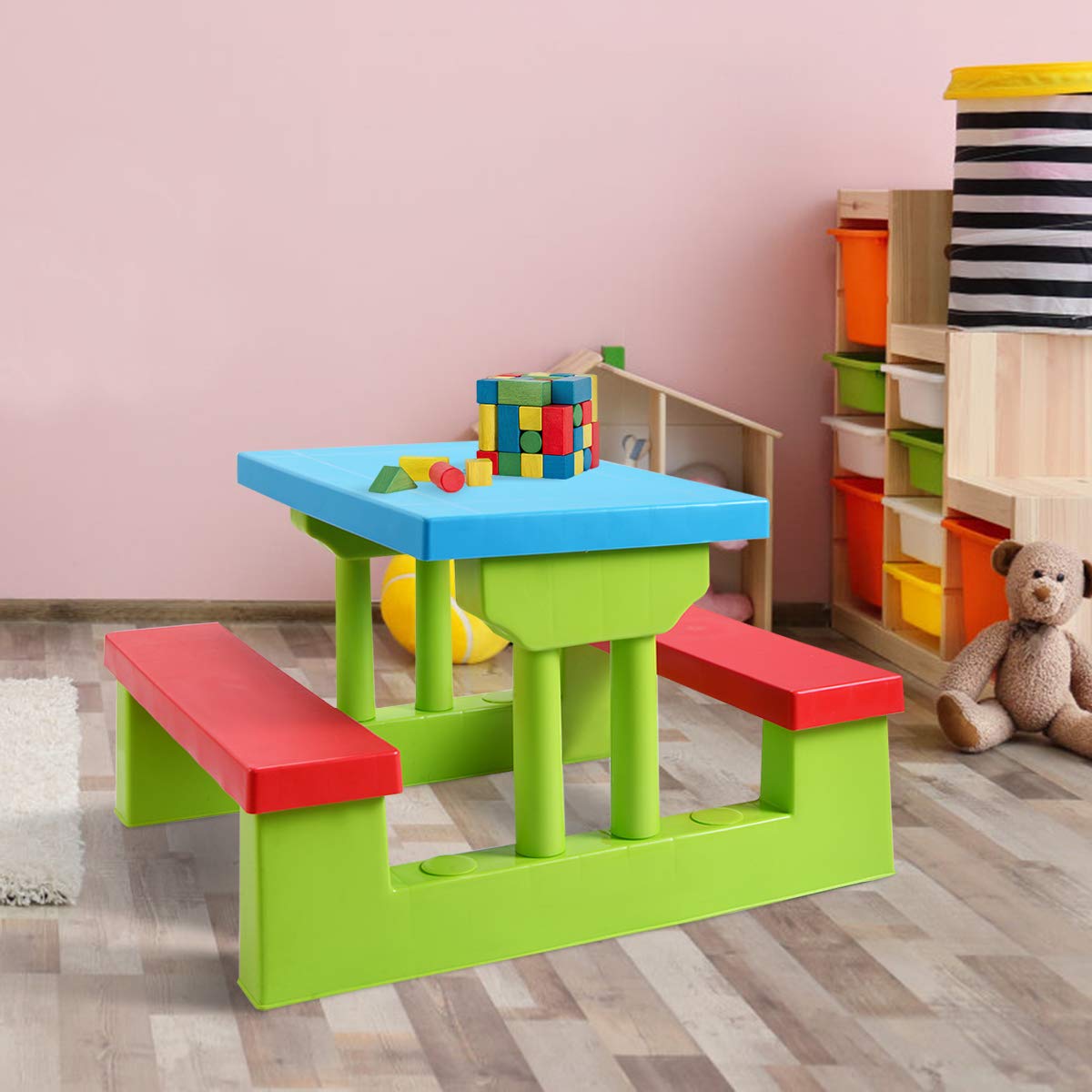 Costzon Kids Picnic Table, Indoor & Outdoor Table and Bench with Removable Umbrella