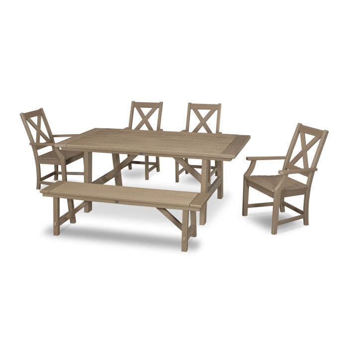 Polywood Braxton 6-Piece Rustic Farmhouse Arm Chair Dining Set with Bench in Vintage Finish PWS508-1-V