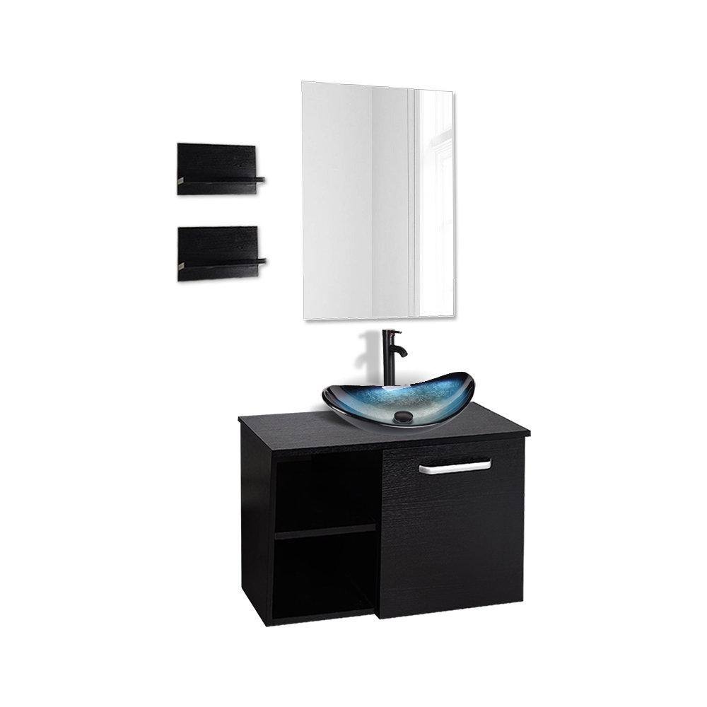 Puluomis 28 in. W x 19 in. D x 28 in. H Single Sink Bath Vanity in Black with Black Solid Surface Top and Mirror USBA20079+USGB0005-BL