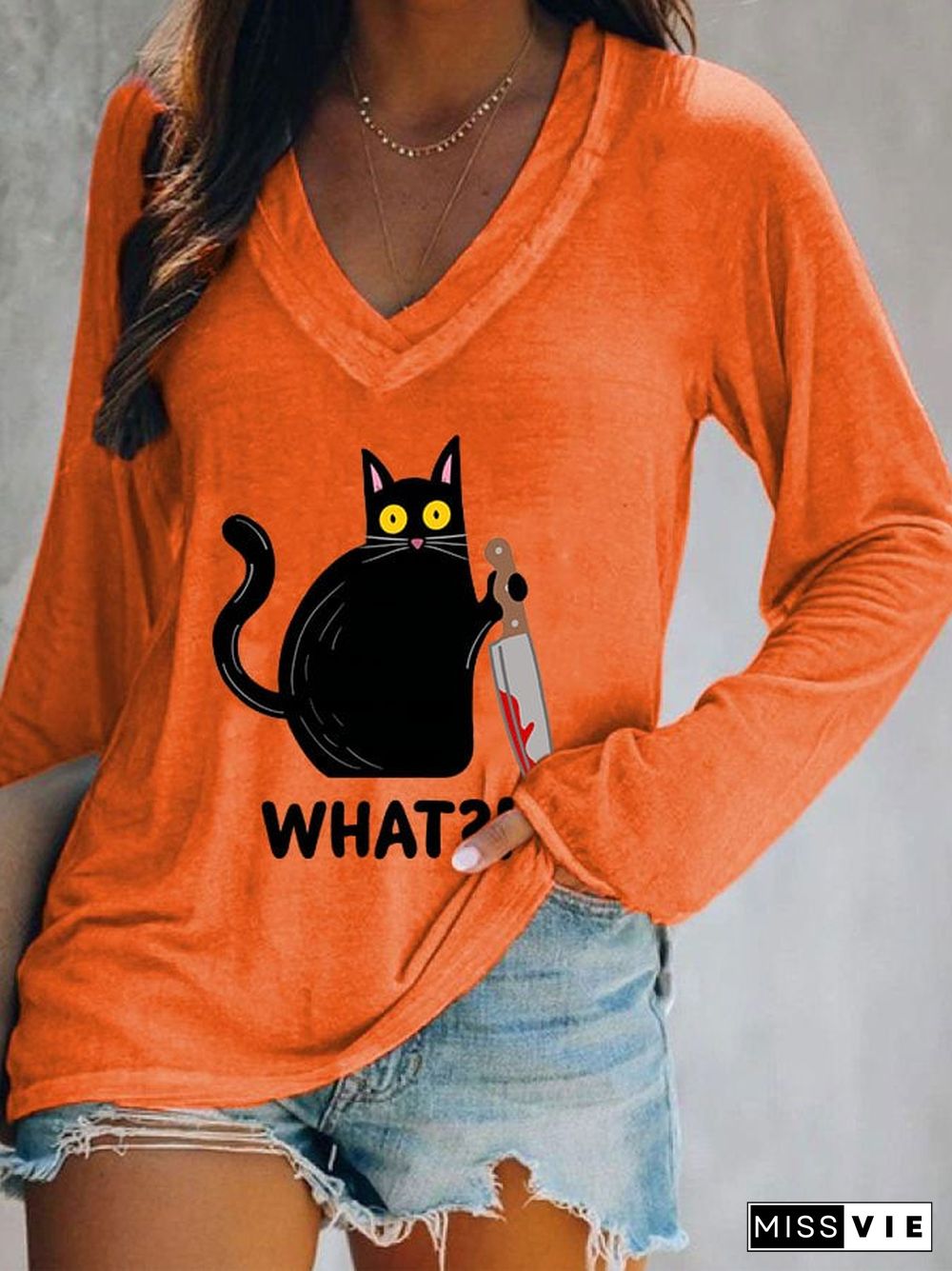 Women's Halloween Black Cat Print Double Layer V-Neck Long Sleeve T-Shirt