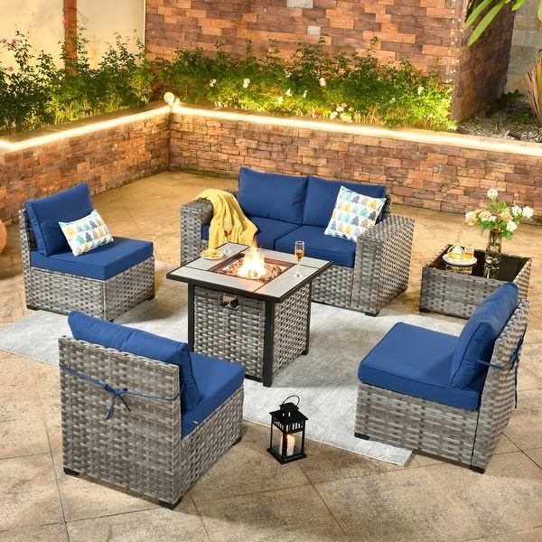 OVIOS Patio Wicker Furniture Wide Arm 7piece Fire Pit Set with Table