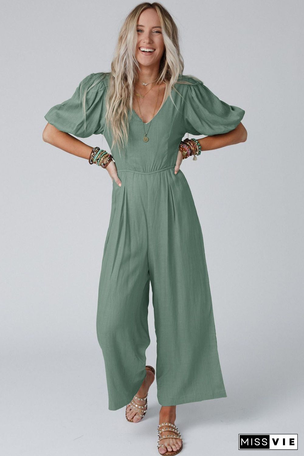 Green V Neck Puff Sleeve Hollow out Wide Leg Jumpsuit