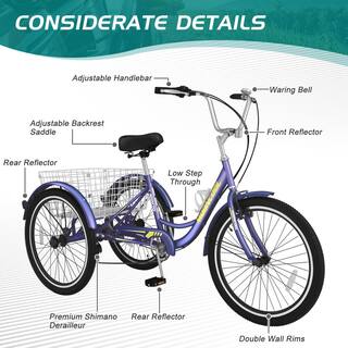 BOZTIY 24 in. Adult Tricycle 7-Speed 3 Wheel Bike Adult Tricycle Trike Cruise Bike Large Size Basket for Recreation Shopping X-P24-ZSHT