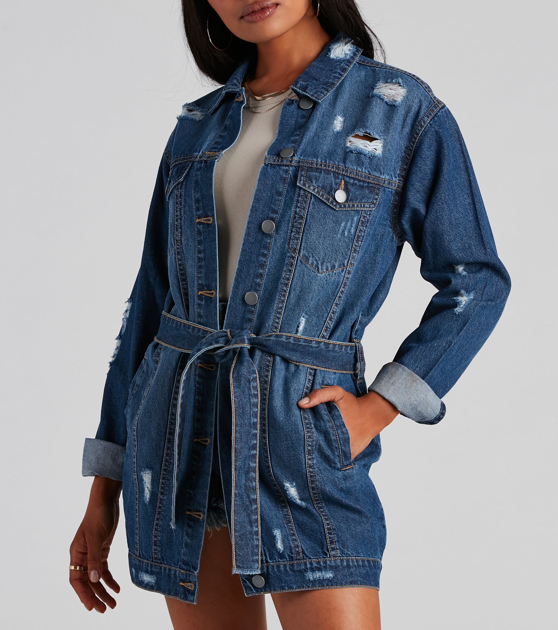 Denim Babe Belted Long Jean Jacket