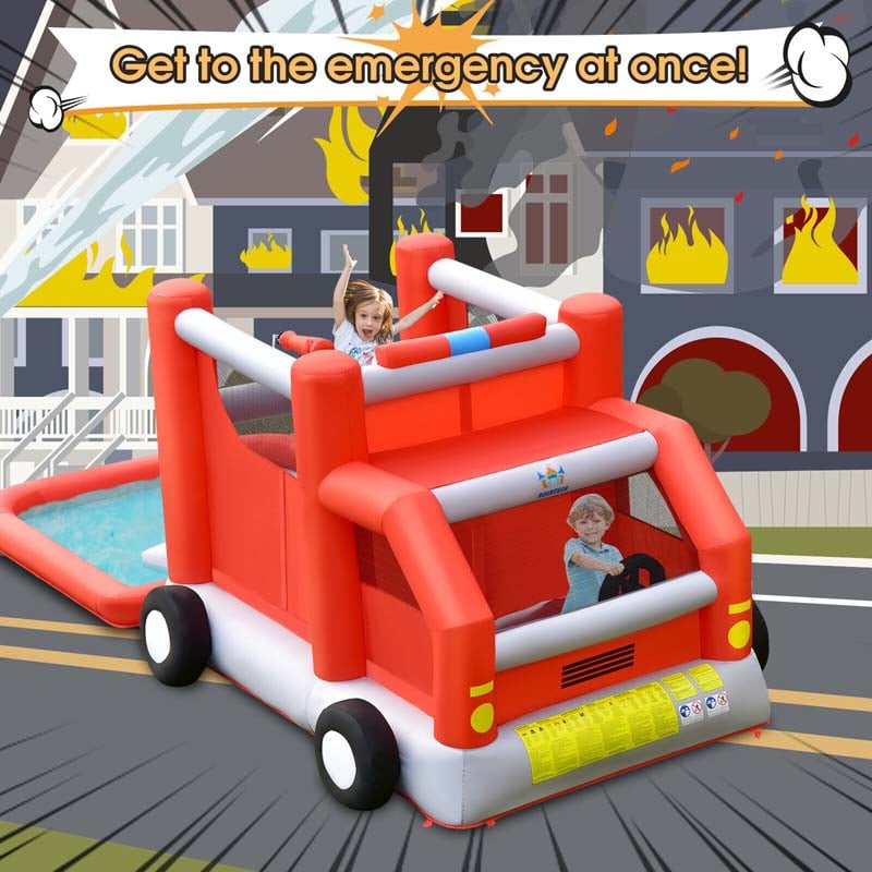 6-in-1 Fire Truck Themed Kids Water Park Jumping Bounce House Inflatable Water Slide without Blower