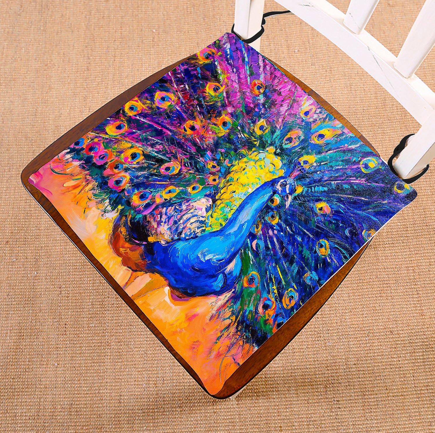 Oil Painting Chair Pad， Elegant Peacock Bird Colorful Seat Cushion Chair Cushion Floor Cushion 50x50 Cm