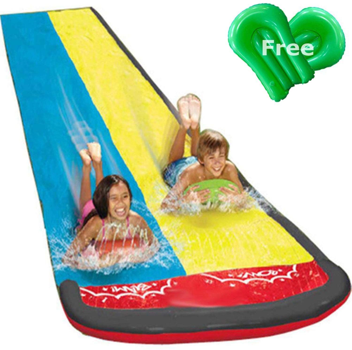 Lane Water Slip and Slide, 16ft Splash and Slide for Kid Adults Backyards | Garden Water Toys Splash Slip Waterslide with 2 Boogie Boards, 16 Foot Two Sliding Racing Lanes with Sprinklers