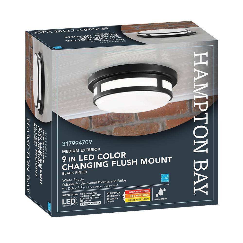 Hampton Bay 9 in. 1-Light Round Black Indoor Outdoor Integrated LED Flush Mount Ceiling Light 600 Lumens 2700K 3000K 4000K (12-Pack) 564291010-12PK