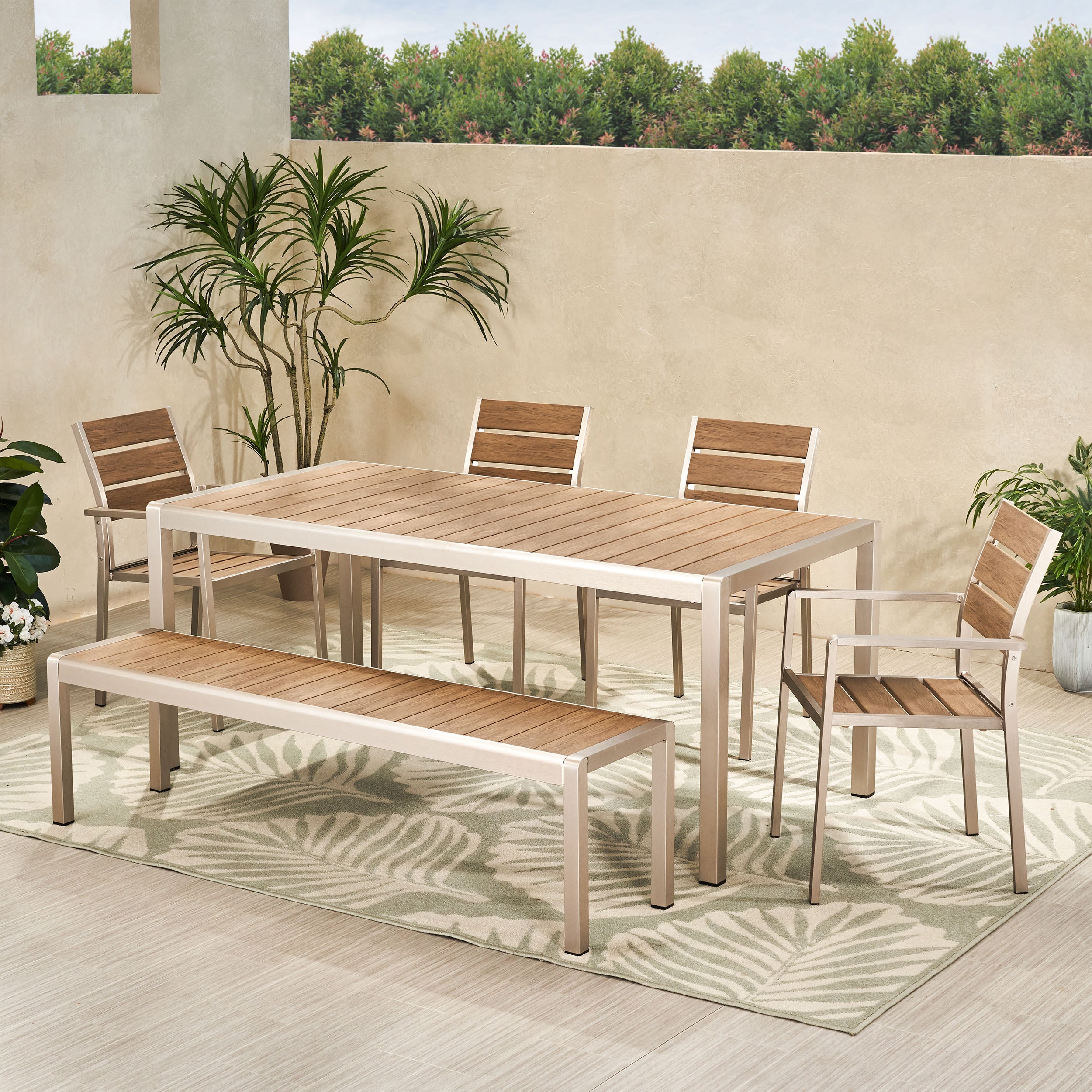 Cherie Outdoor Modern Aluminum 6 Seater Dining Set with Dining Bench