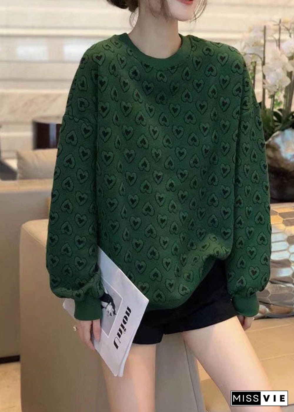 New Green O-Neck Print Cute Fall Sweatshirts Top