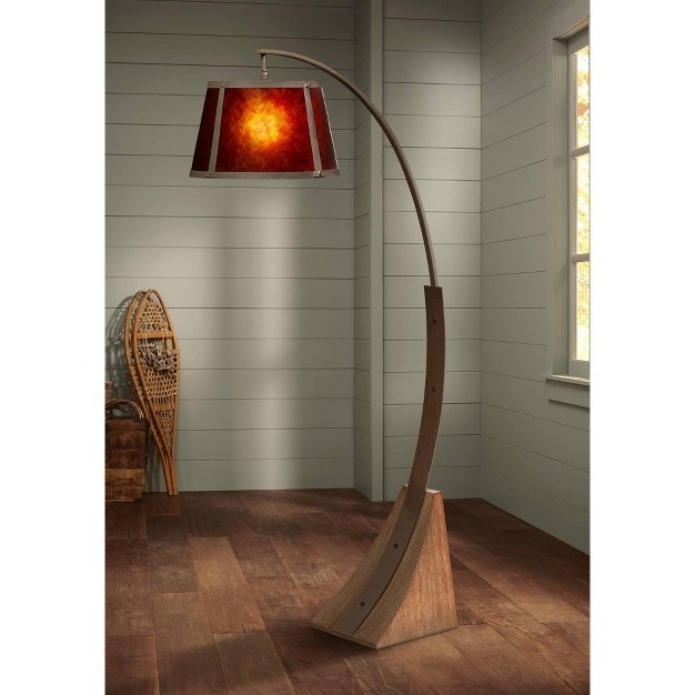 Tall Dark Rust Wood Amber Mica Drum Shade For Living Room Reading Bedroom Office