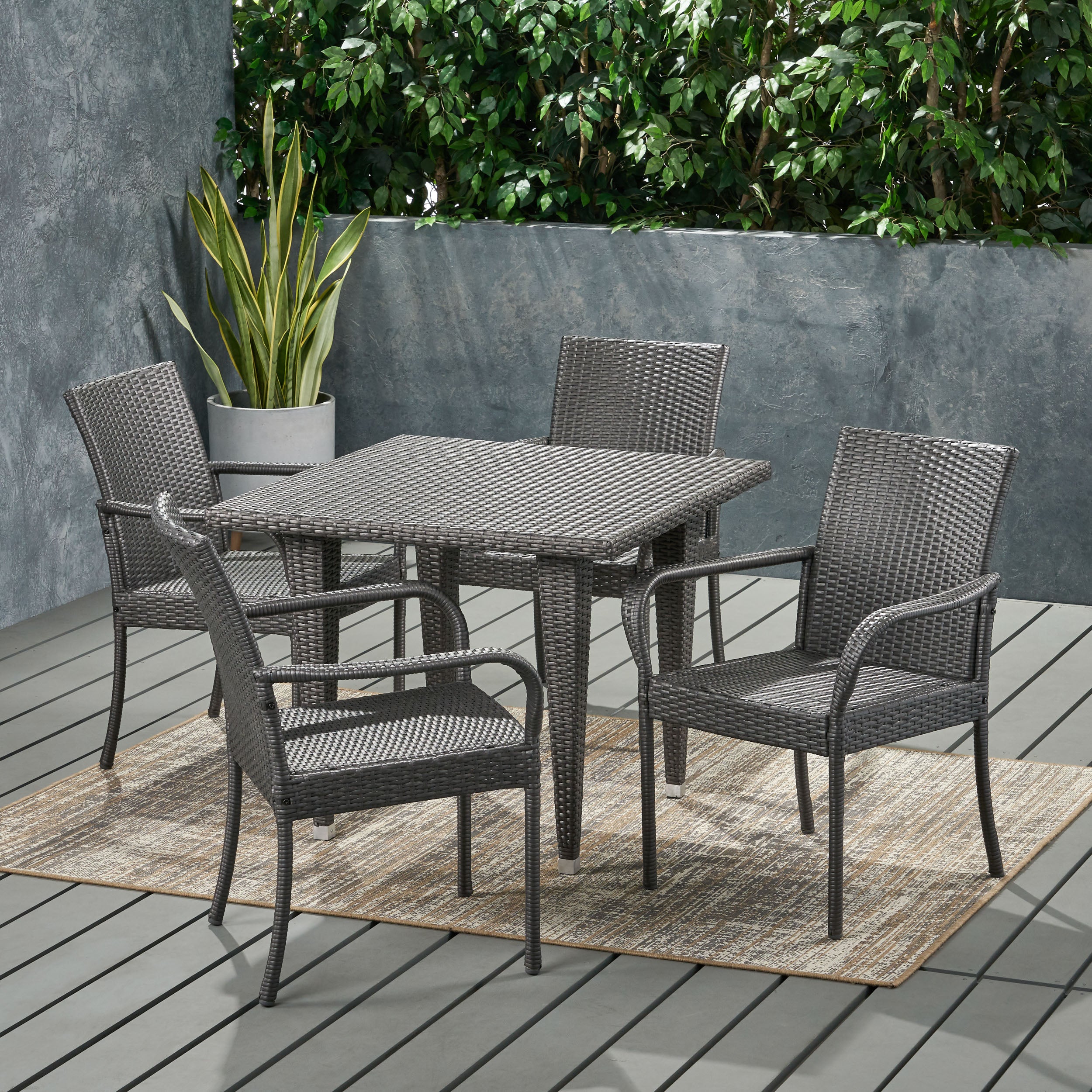 Bannon Outdoor Contemporary 4 Seater Wicker Dining Set