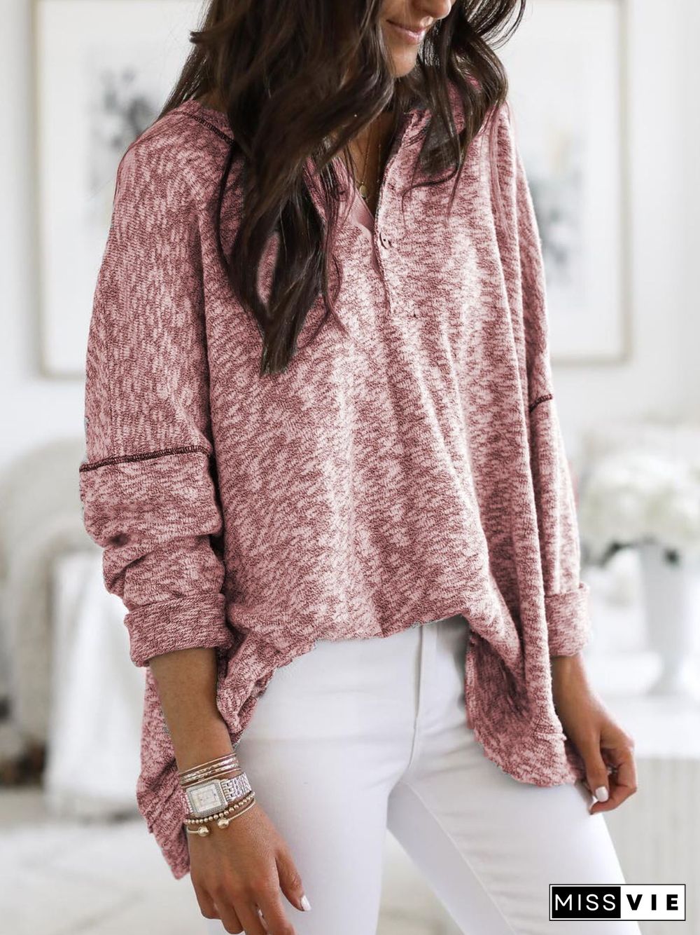 Plus Size Casual V Neck Long Sleeve Tops