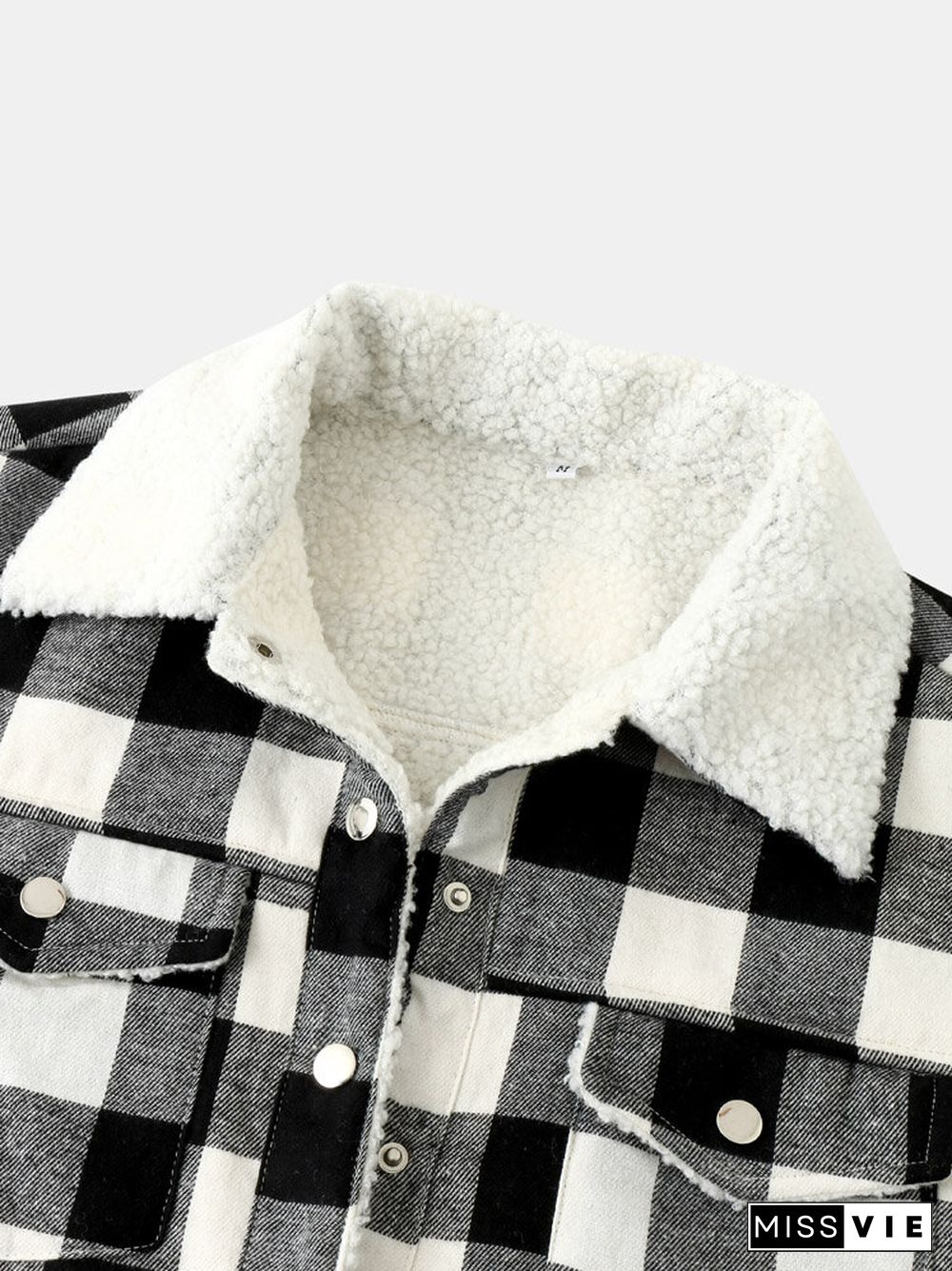 Plaid Pattern Lapel Collar Pocket Button Women Lamb Jacket