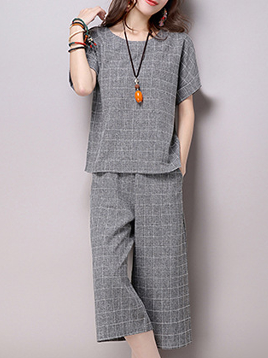 Round Neck  Checkered Blouses And Bottoms Suits