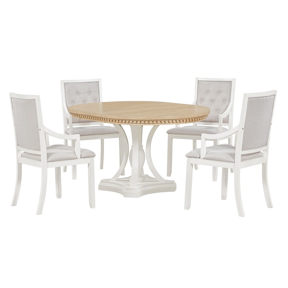 Modern 5 Piece Wood Dining Set with Extendable Round Dining Table and Upholstered Back Dining Chairs  for Dining Room  White