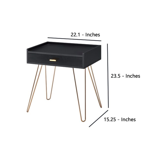 23.5 Inches 1 Drawer End Table with Hairpin Legs， Black and Copper