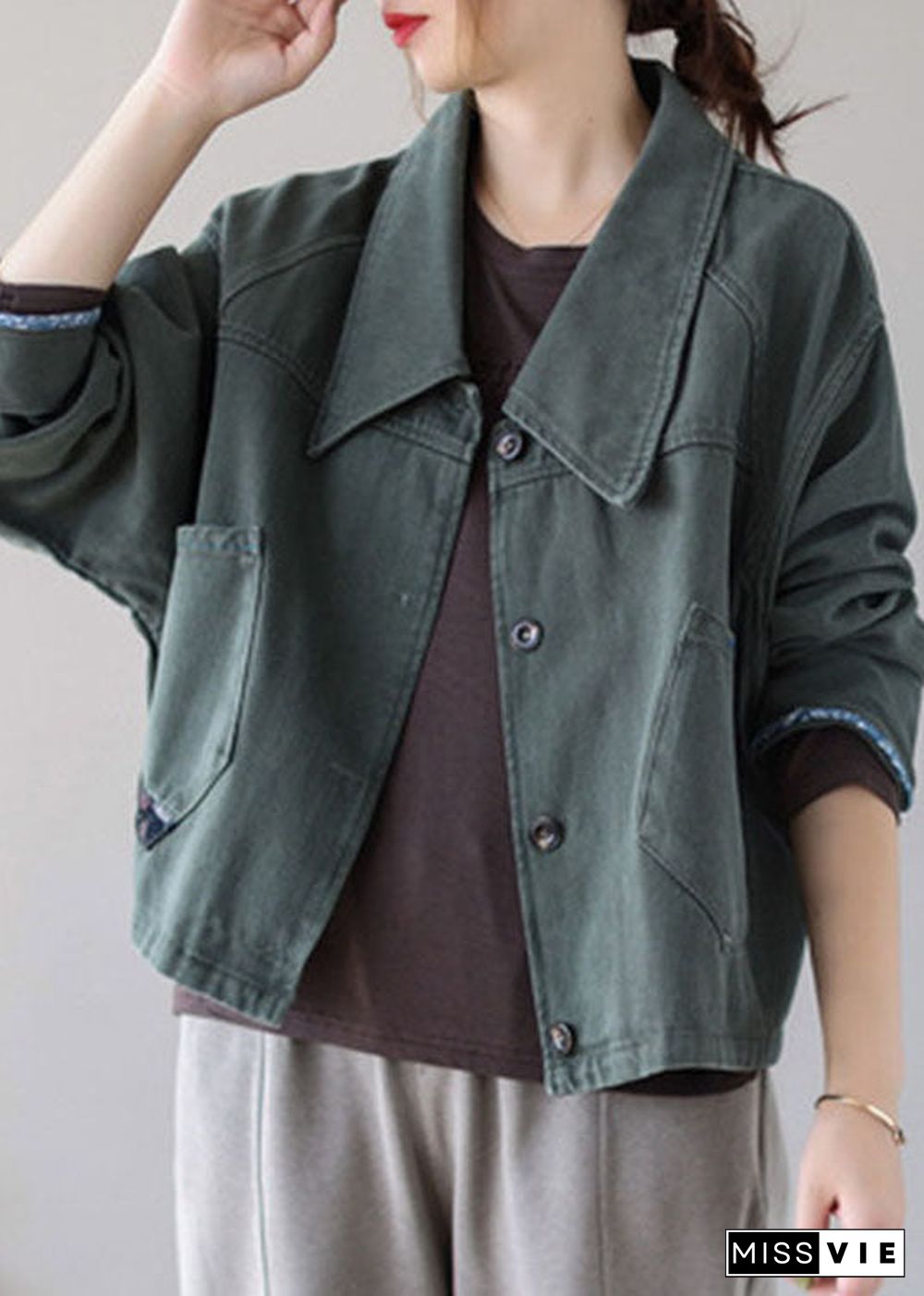 Vintage Green Button Patchwork Pockets Fall Denim Coat